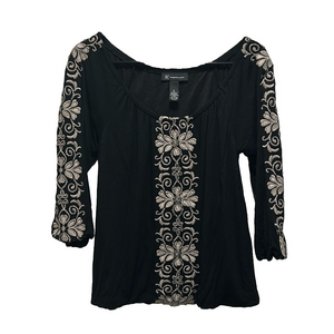 INC Black Elastic Scoop Neck 3/4 Sleeve Off the Shoulder Embroidered Top - Small